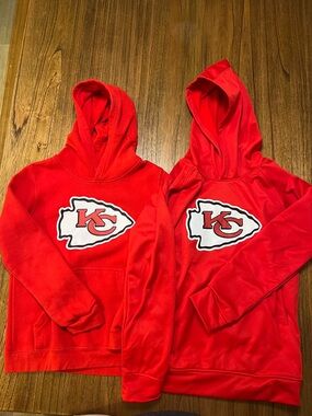 Two NFL Red Kansas City Chiefs Kids Hoodies.